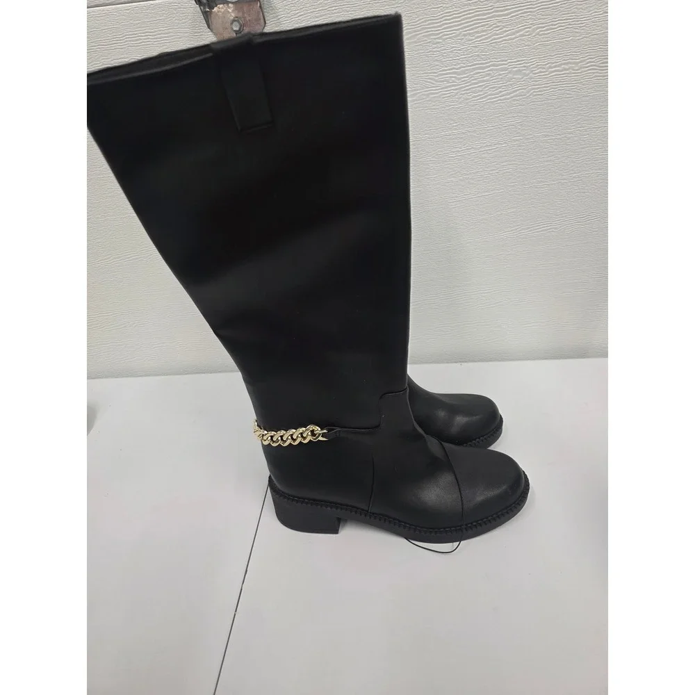 Black Faux Leather Knee High Boots with Gold Chain Detail Round Toe Size 8